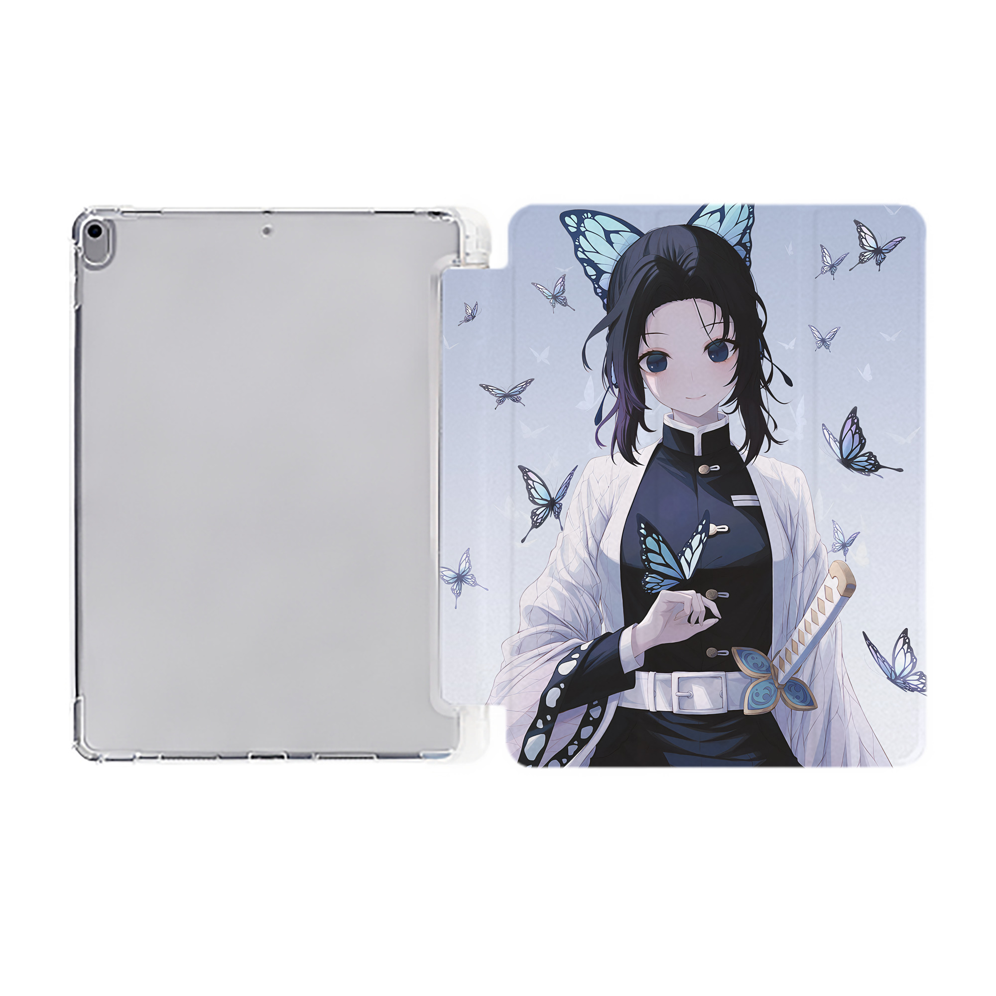 （画像用） 鬼滅の刃（きめつのやいば）蟲柱-胡蝶 しのぶ／こちょう しのぶ Kochou Shinobu IPad ケース ペン収納付き 三つ折りスタンド PUレザー×シリコン 対応機種9.5/10.5/10.9インチ